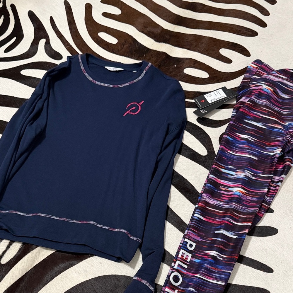 Peloton leggings and LS top- Navy and Vibrant Stripes.